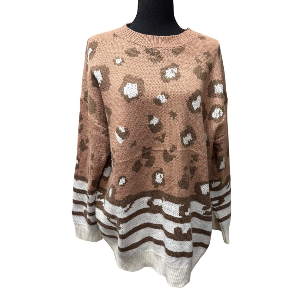Southern Stitch Leopard Sweater XXL Tan Brown Cream Striped Hem Cozy